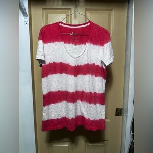 Red and White Striped V-Neck Women's Top Sz Large